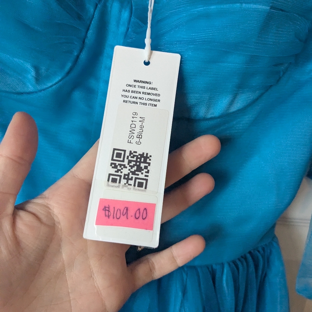 Tie Shoulder Ruffle Hem Mesh Maxi Dress In Color Blue. Size Medium.  $109 retail - Picture 9 of 10